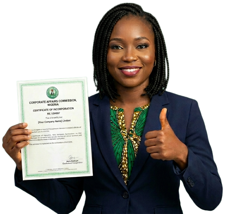 A lady entrepreneur holding up a CAC certificate of incorporation