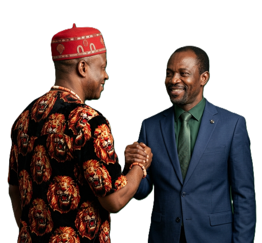 Two Nigerian men shaking hands warmly